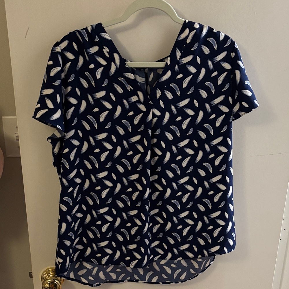 Hilary Radley Navy and White Feather Print Blouse